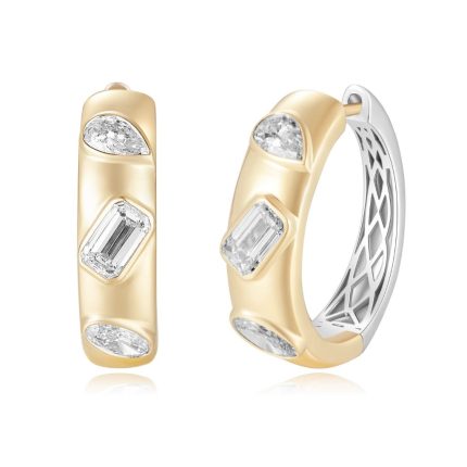 TJE052 EMERALD, OVAL, PEAR FASHION HUGGIES TWO-TONE EARRINGS